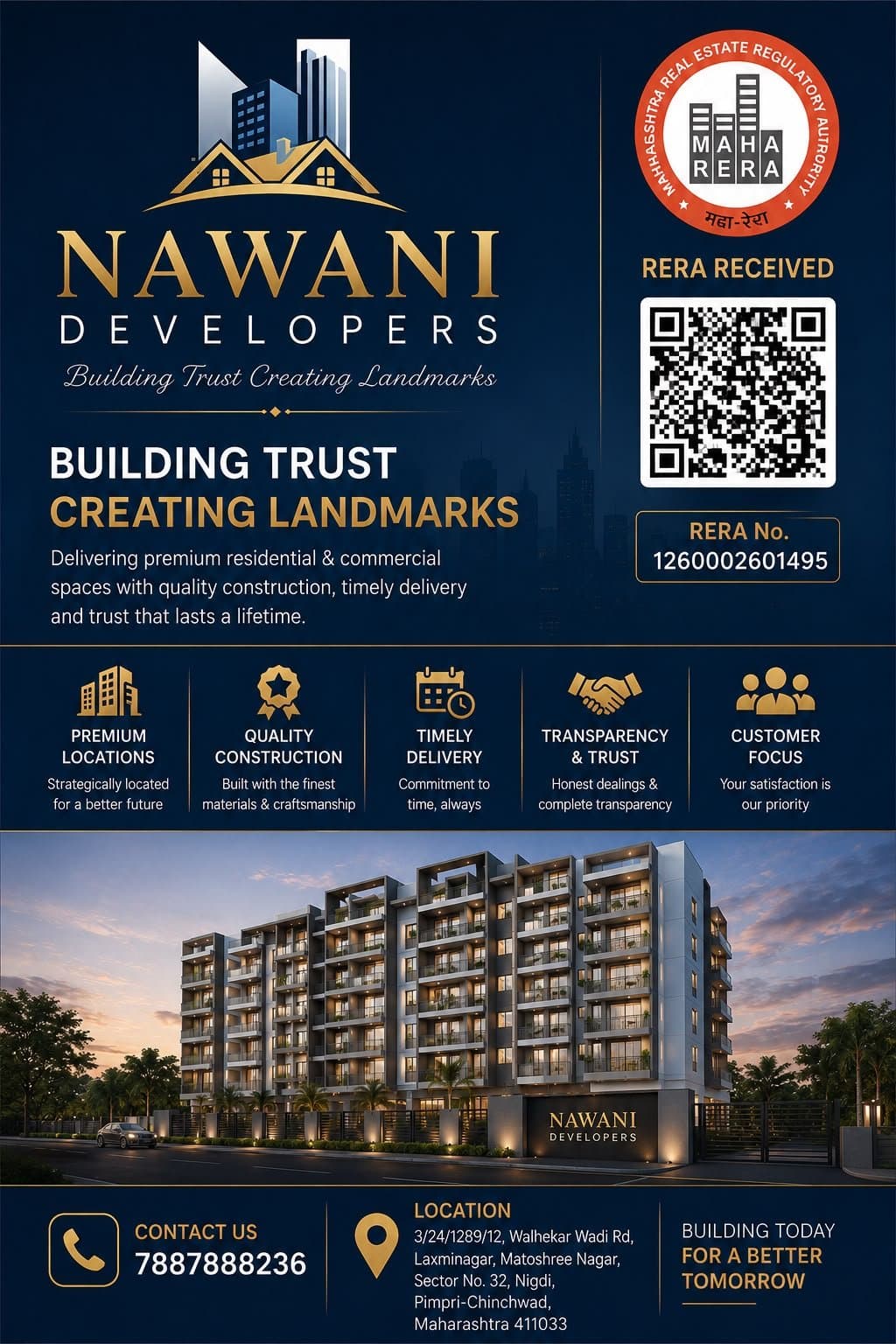 A professional real estate promotional flyer for Nawani Developers featuring a building render and project details.